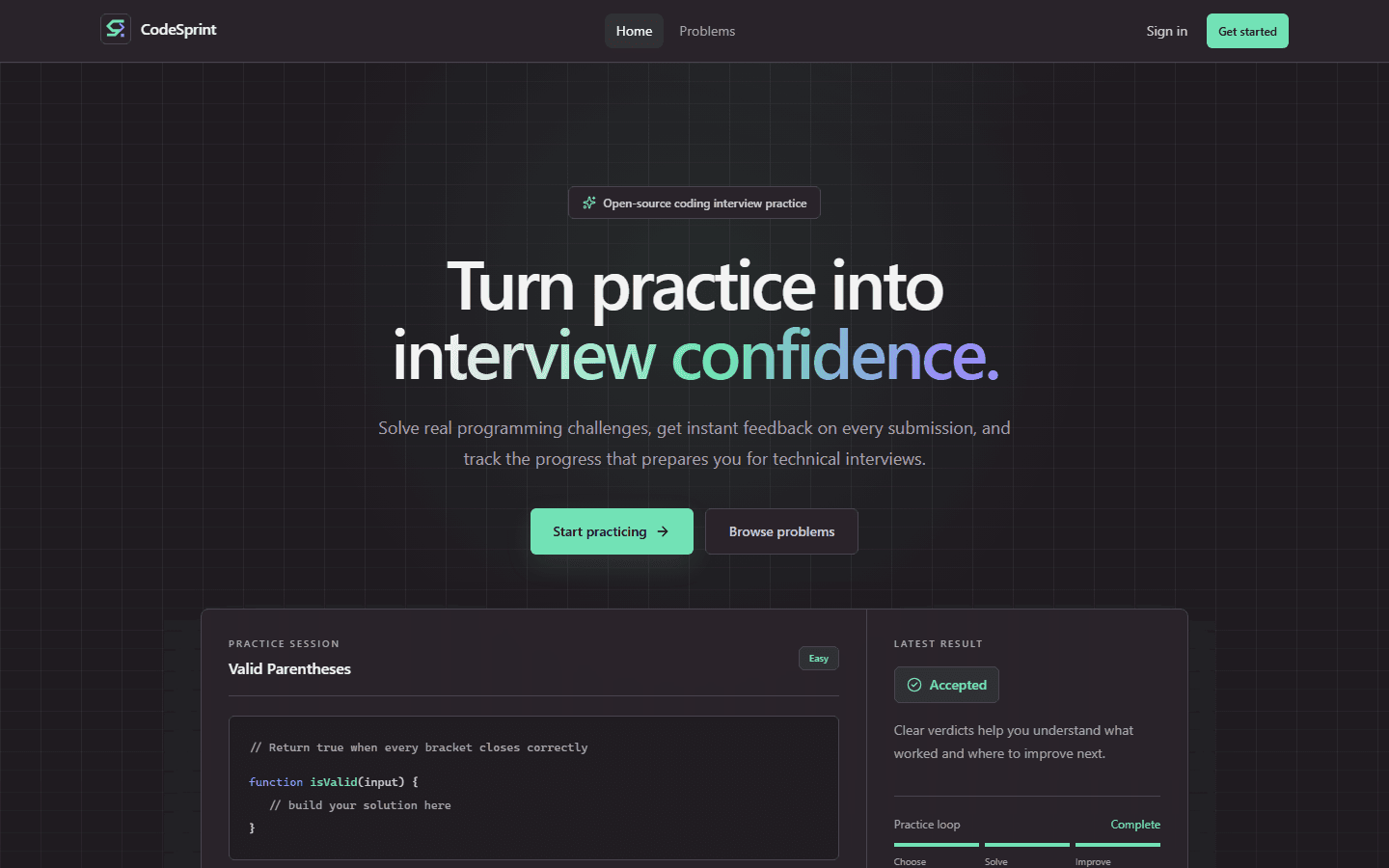 CodeSprint home page showing its coding interview practice workspace
