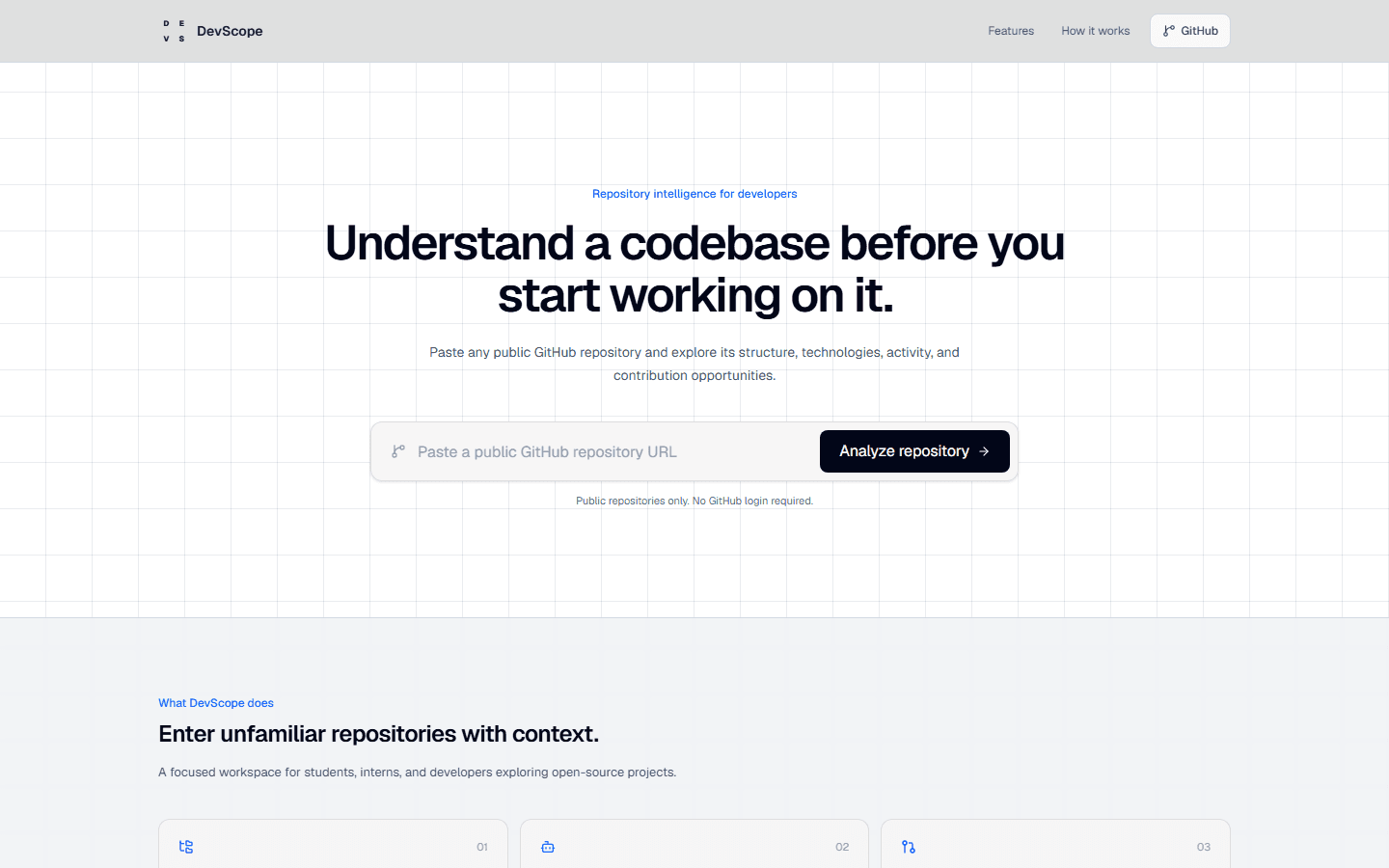 DevScope home page with its public repository analysis input