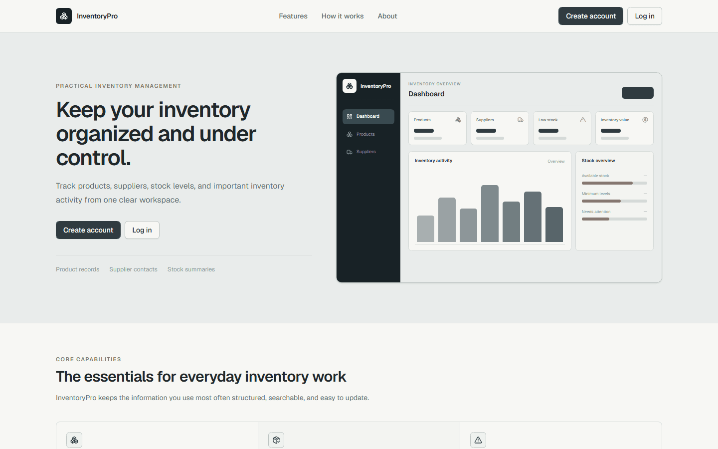 InventoryPro home page with an inventory dashboard preview