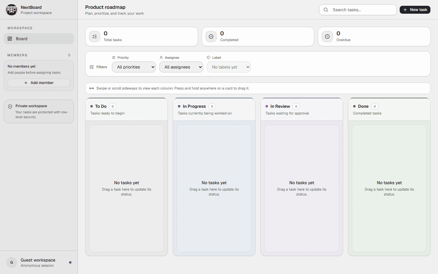 NextBoard project workspace showing task counters, filters, members, and four Kanban columns